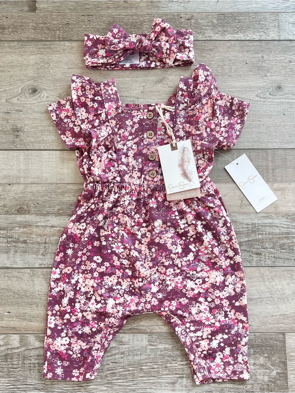 NWT Jessica Simpson Purple Floral Romper and Headband Set Size 0/3 Months